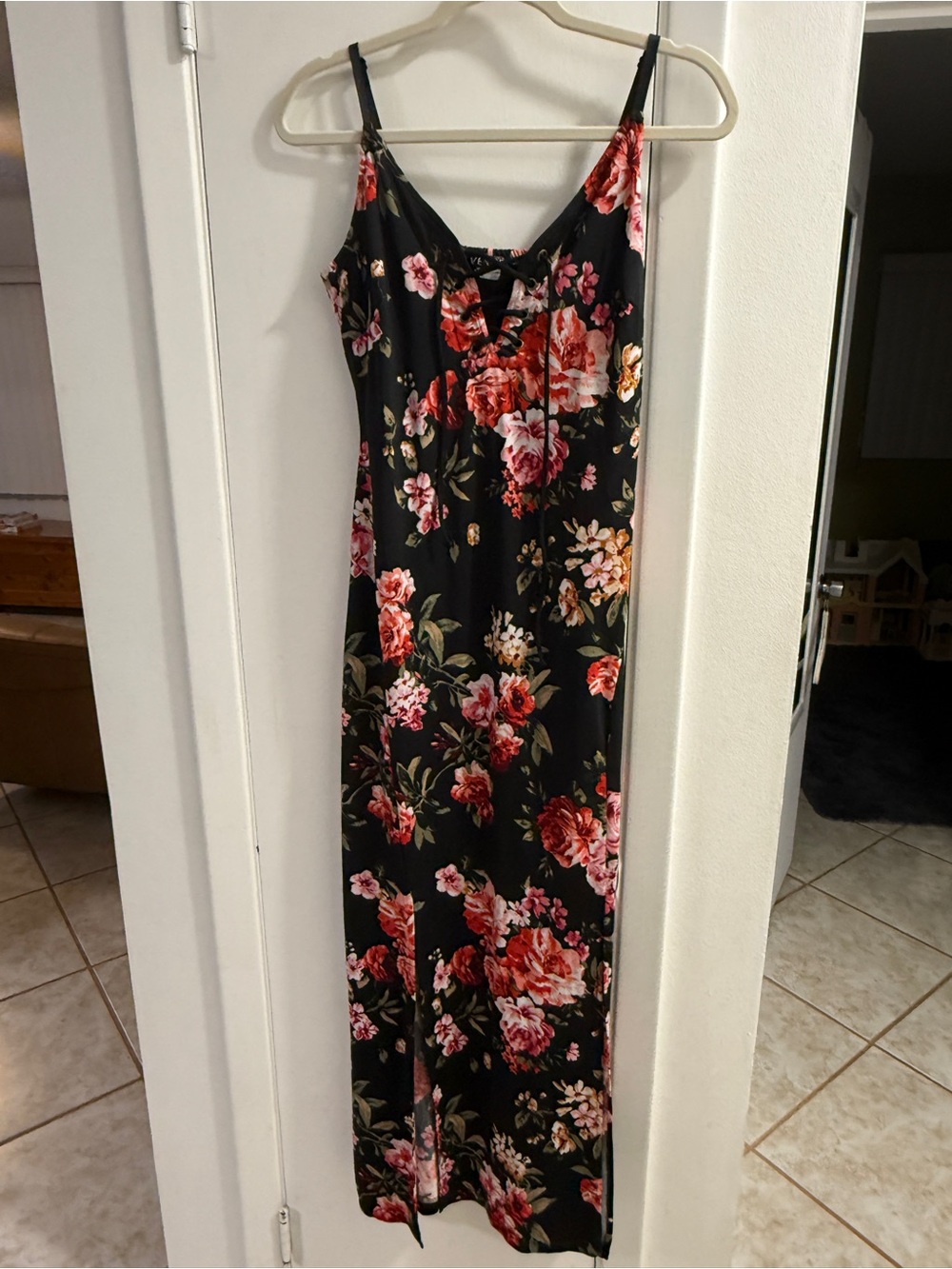 VENUS Black Maxi Slip Dress with Red & Pink Floral Print